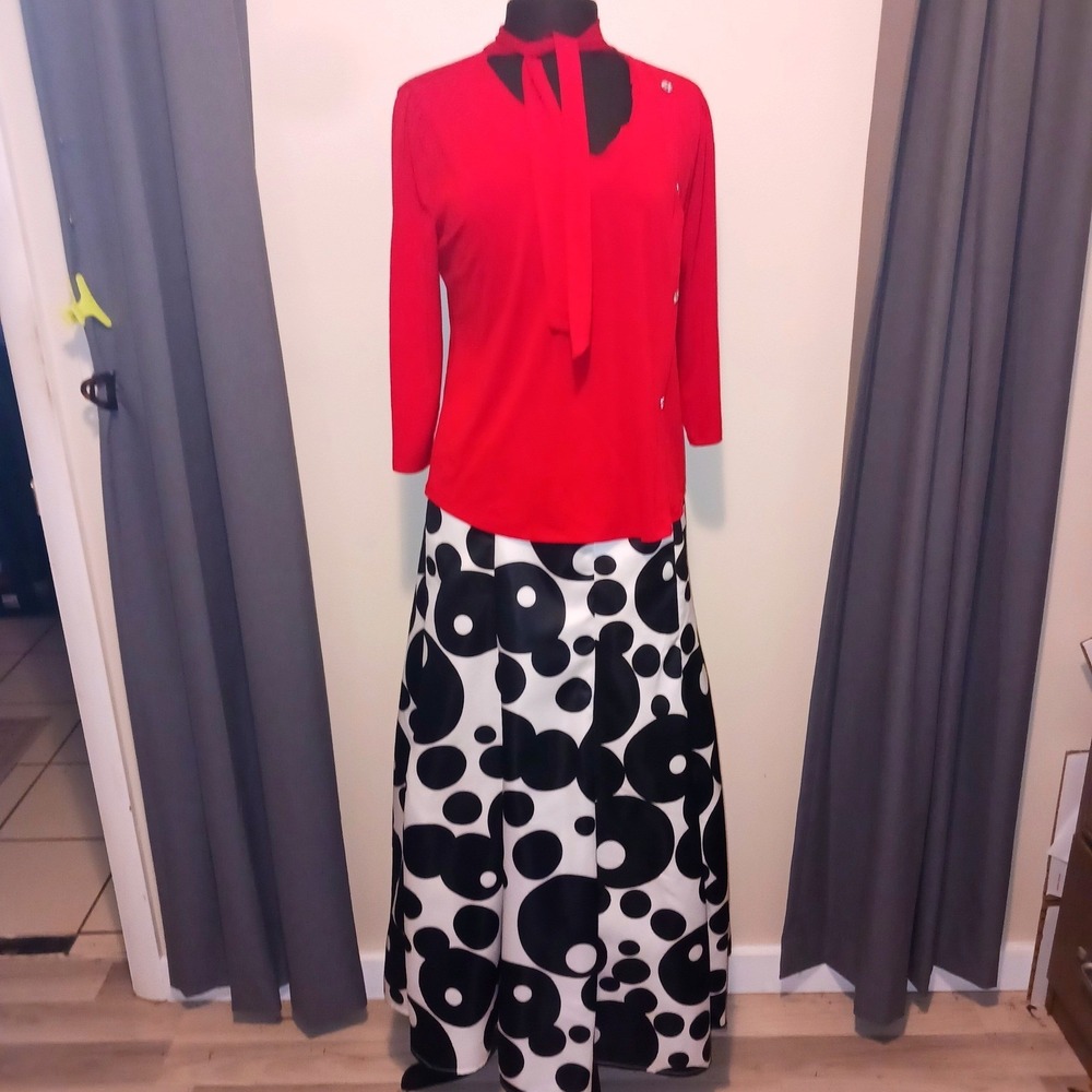 Adrienne Vittadini Red Top Rhinestone buttons Venus Polka Dot Maxi Skirt L